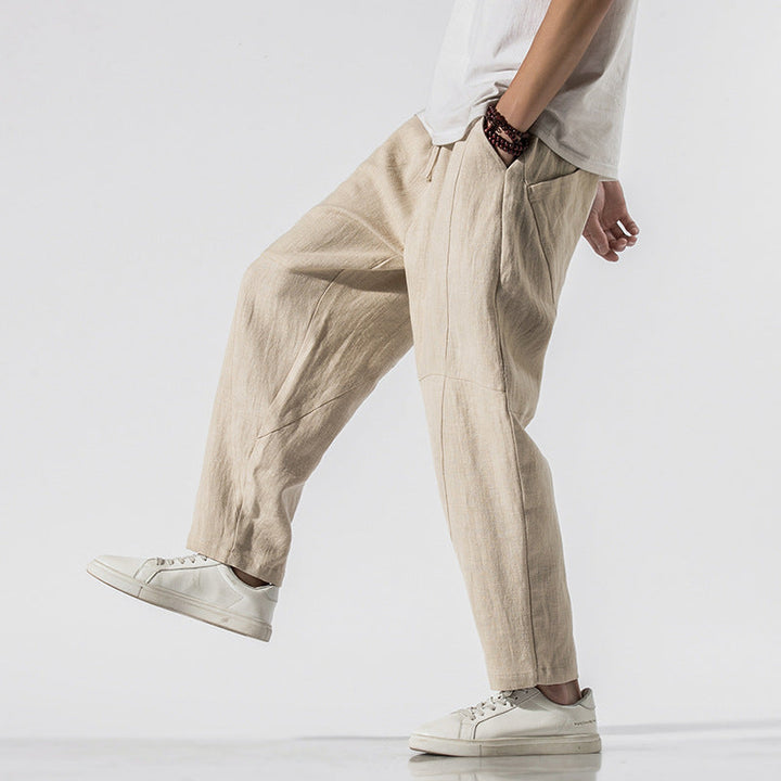 Pantaloni jogger uomo estivi alla caviglia con coulisse, gamba larga, vestibilità comoda per look casual e spiaggia.