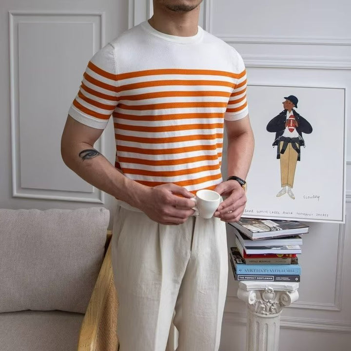 Maglietta uomo con motivo a righe, maniche corte, abbigliamento estivo casual per ogni occasione.