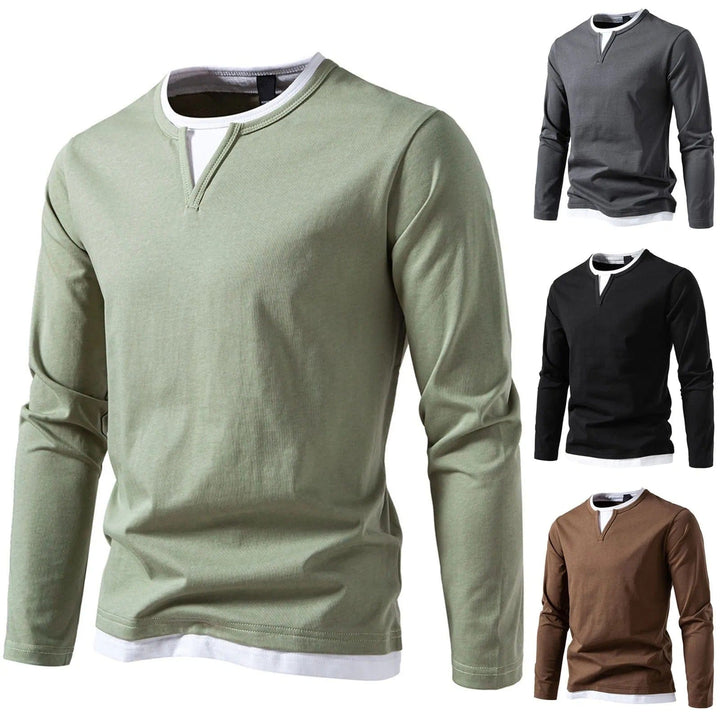Polo uomo maniche lunghe, disponibile in nero, grigio e verde, con effetto strati, casual ed elegante.