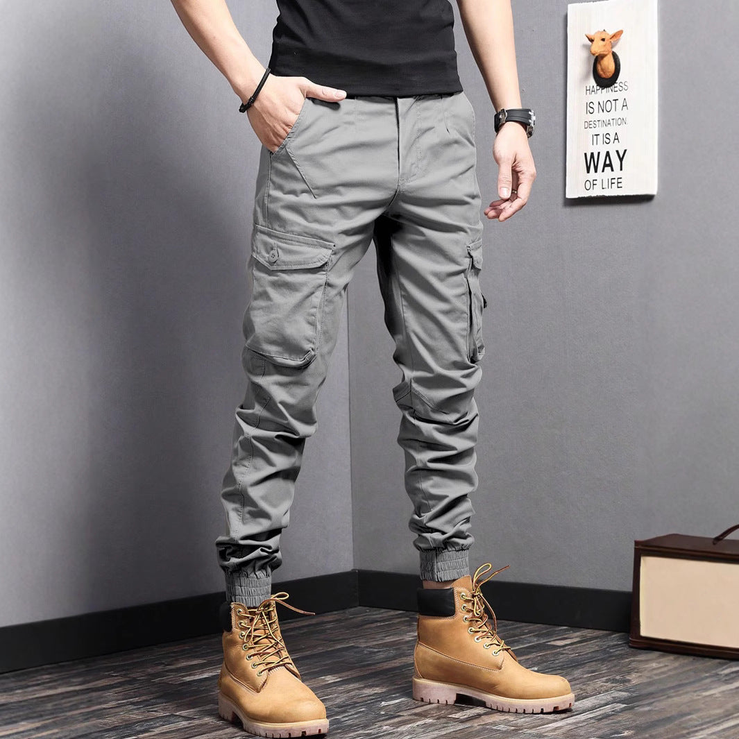 Pantaloni cargo uomo a gamba dritta, confortevoli per il lavoro, con coulisse e tasche funzionali.