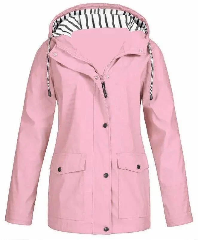 Giacca impermeabile donna con cappuccio, leggera in poliestere, perfetta per pioggia e vento.