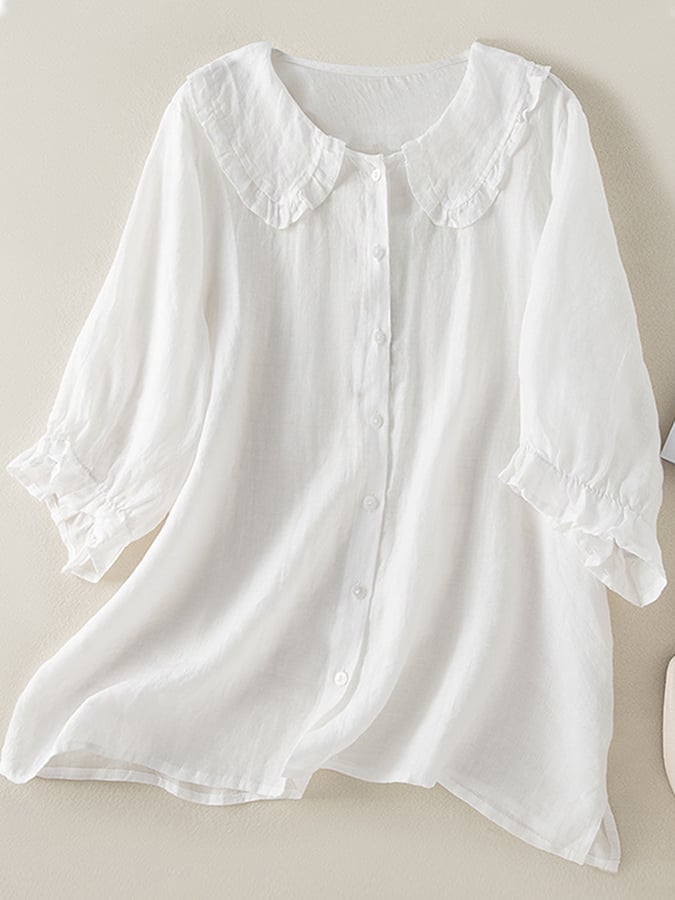 Camicetta donna versatile a maniche lunghe, stile casual-elegante, con colletto arricciato e vestibilità ampia.