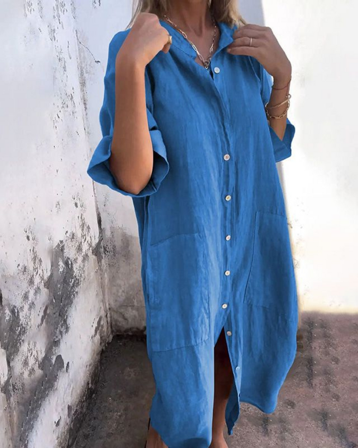 Abito estivo midi blu da donna con maniche corte, design elegante e casual, comfort estivo garantito.