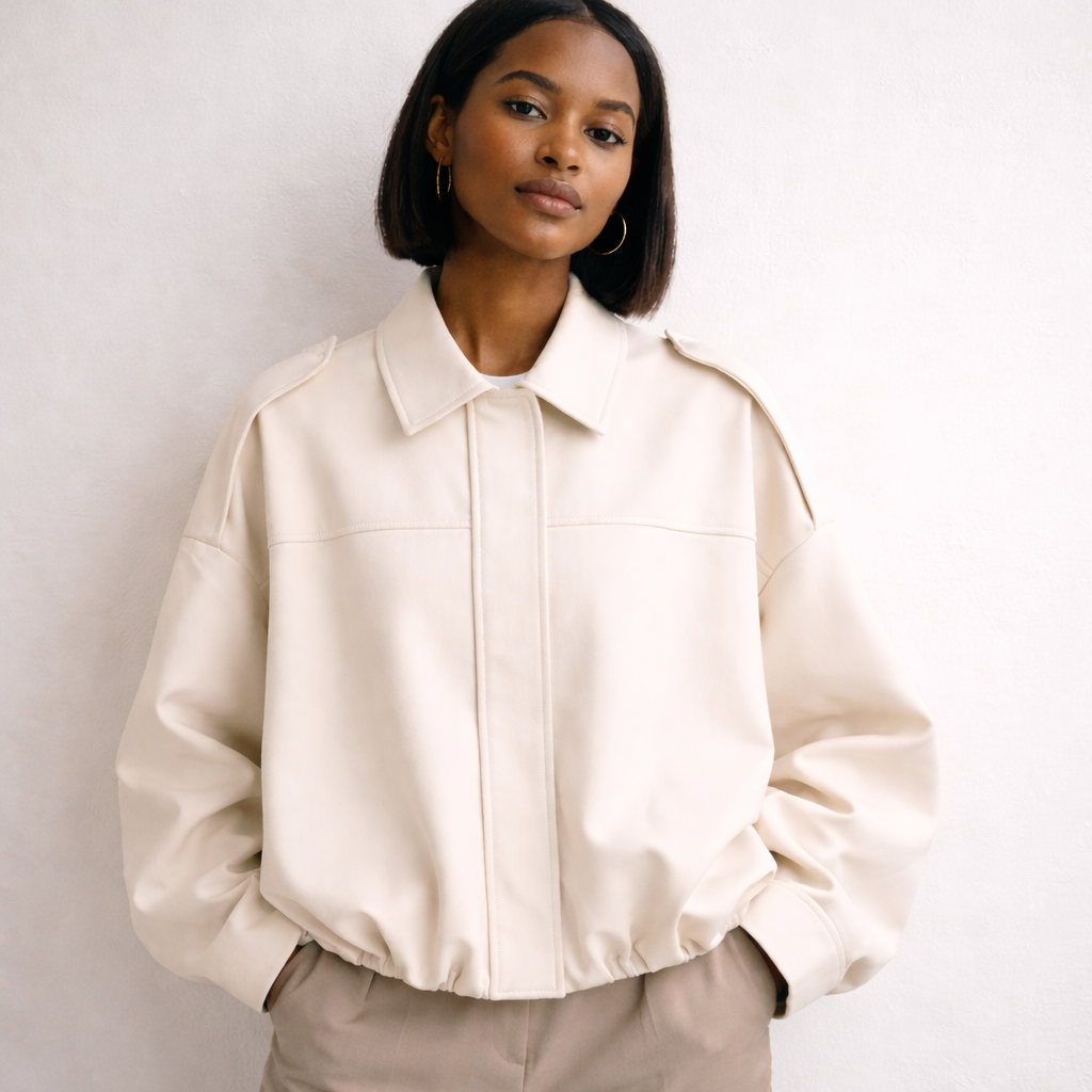 Giubbotto bomber oversize donna, design moderno, stile casual chic per look urbano.
