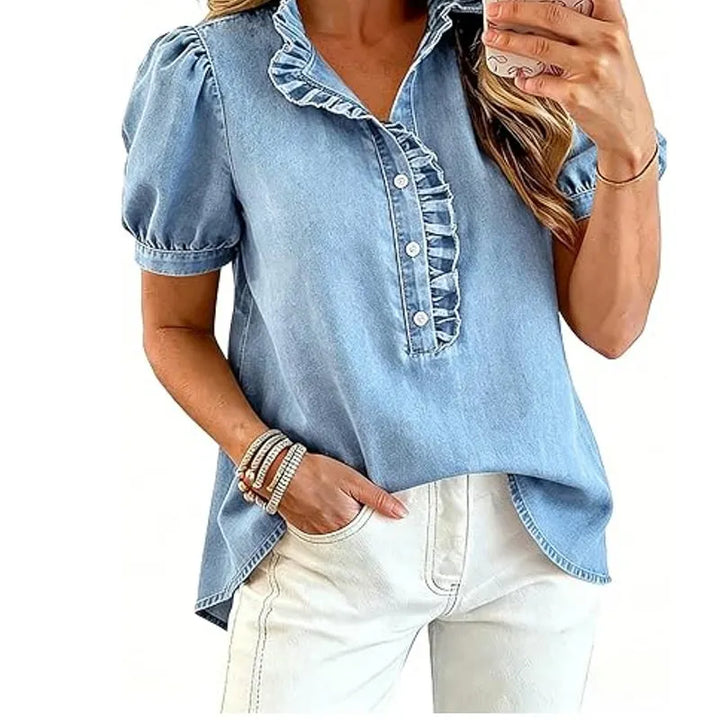 Top donna alla moda con maniche a sbuffo, volant, perfetto per ogni stagione, vestibilità rilassata.