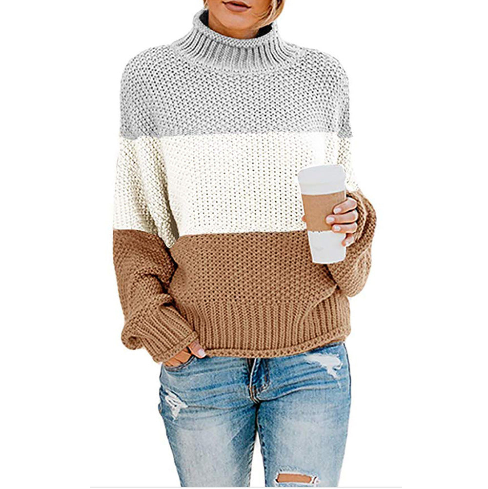 Maglione femminile collo alto con fantasie a blocchi di colore. Un pullover a maniche lunghe perfetto per l'inverno.