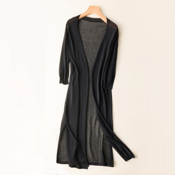 Cardigan lungo aperto donna, stile kimono, leggero, con maniche 3/4. Perfetto per primavera ed estate versatile.