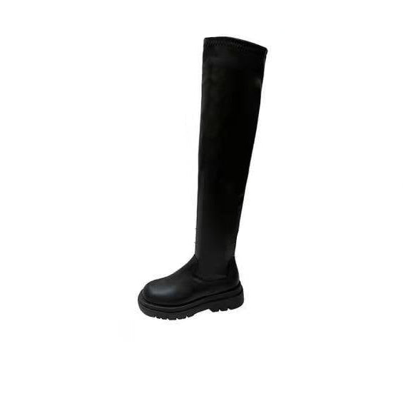Stivali donna neri elasticizzati sopra il ginocchio con tacco medio. Perfetta vestibilità e stile per la moda autunno-inverno.