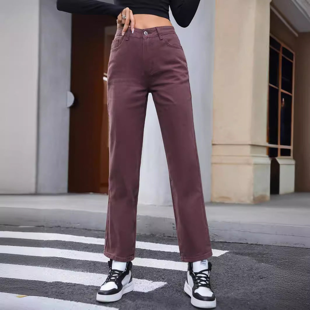 Eleganti jeans donna marroni a vita alta con gamba dritta. Nuova collezione per un comfort quotidiano assicurato.