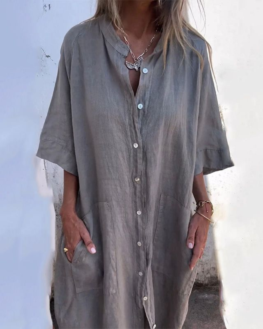 Abito a camicia midi donna estivo grigio, vestibilità ampia, elegante comfort casual, maniche corte.