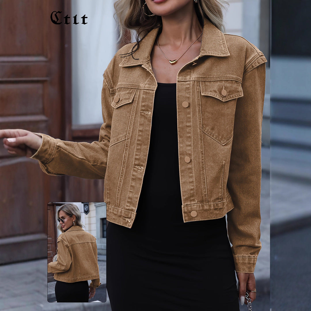 Giacca di jeans donna stile vintage corto casual, maniche lunghe. Perfetta per streetwear e outfit primavera/autunno.