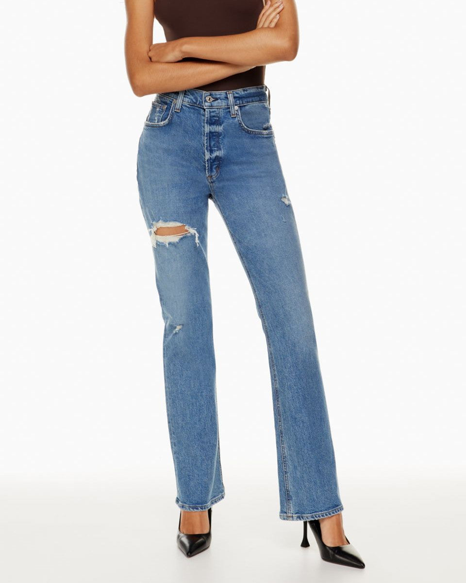 Jeans dritti donna blu a vita alta con strappi, perfetti per look casual o streetwear primavera/estate.