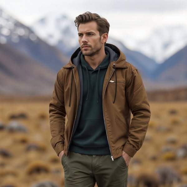 Giacca uomo autunnale con cappuccio, stile vintage, tasche multiple, perfetta per un look casual maschile.