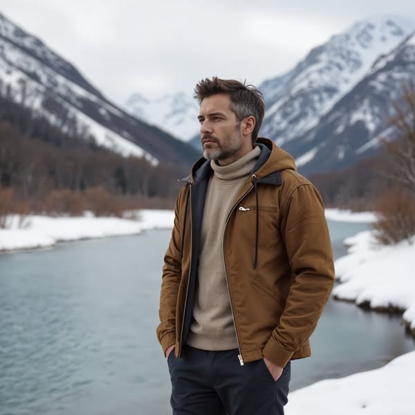 Giacca uomo con cappuccio e tasche multiple, ideale per l'autunno, comfort fit, abbigliamento maschile.