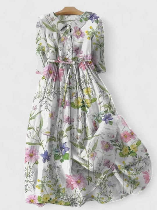 Vestito midi floreale vintage da donna, verde bianco, elegante e fluido, ideale per primavera/estate o occasioni speciali.