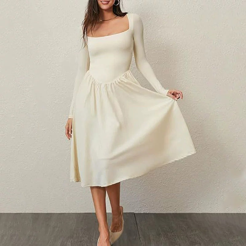 Vestito midi donna formale a tinta unita, maniche lunghe. Perfetto per eventi eleganti, casual chic o ufficio.