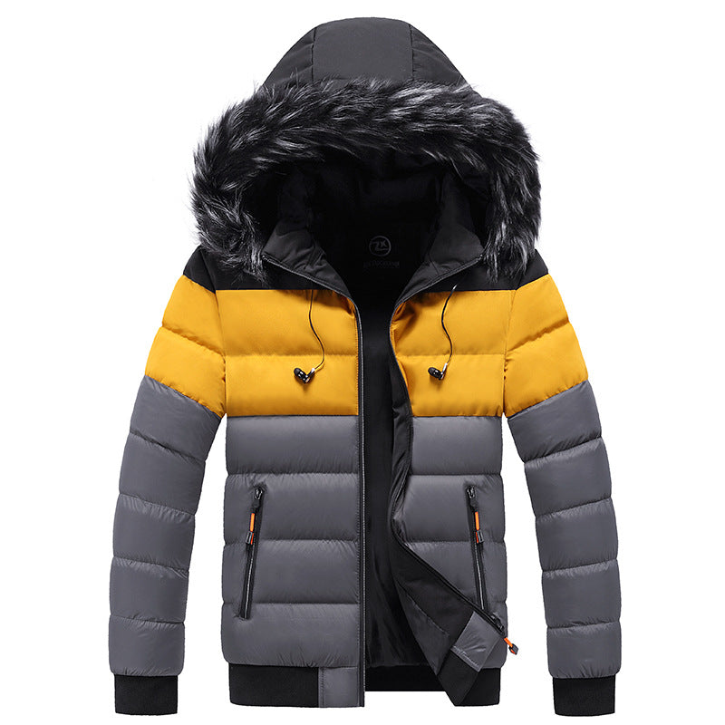 Moderna giacca puffer invernale da uomo con cappuccio, offre protezione dal freddo e un look alla moda.