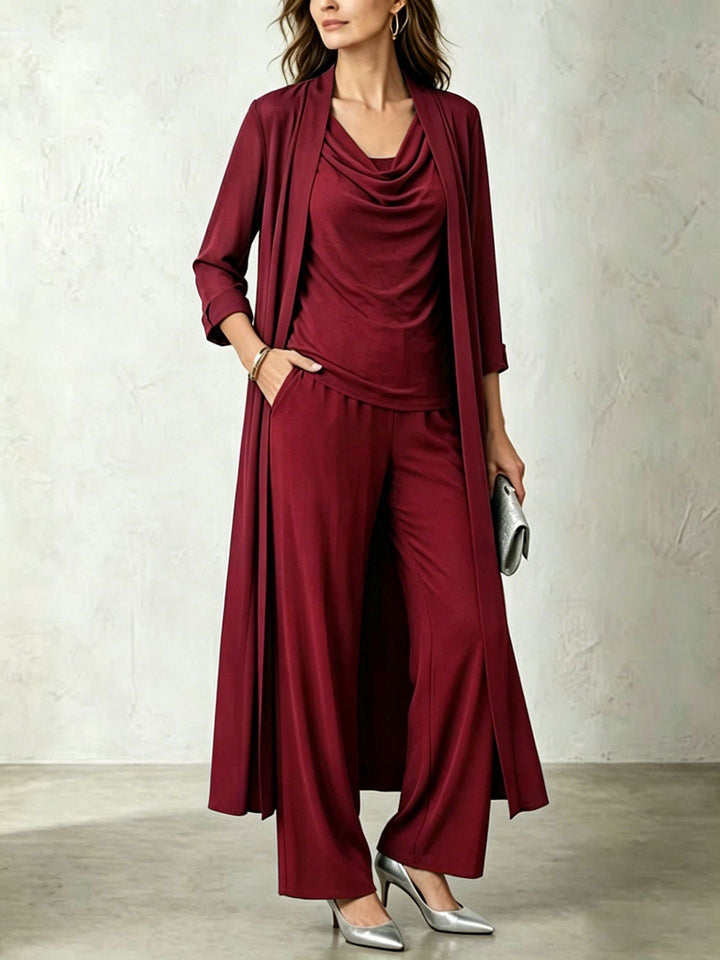 Set donna 3 pezzi versatile e comodo: cardigan, top e pantaloni coordinati. Stile casual elegante.