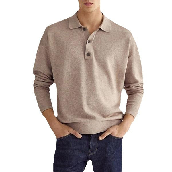 Maglia polo uomo a maniche lunghe in vari colori. Scollo a V e bottoni, perfetta per la moda maschile autunnale.