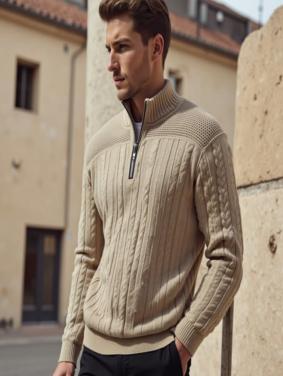 Maglione elegante maschile con mezza zip, collo alto e motivo a treccia per un look distintivo.