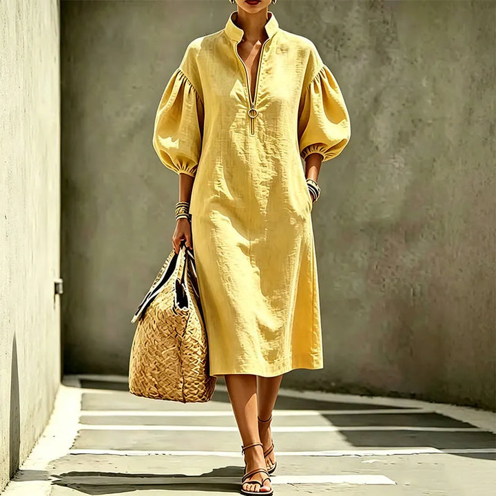 Abito donna A-line midi con graziose maniche a sbuffo e zip, stile versatile e moderno.