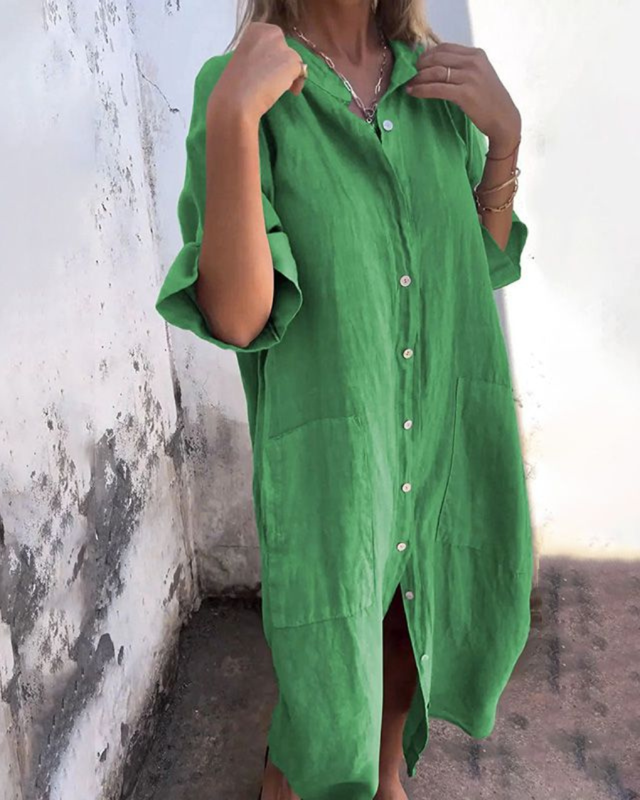 Abito a camicia midi verde per donna, stile versatile casual ed elegante, maniche corte, comfort estivo.