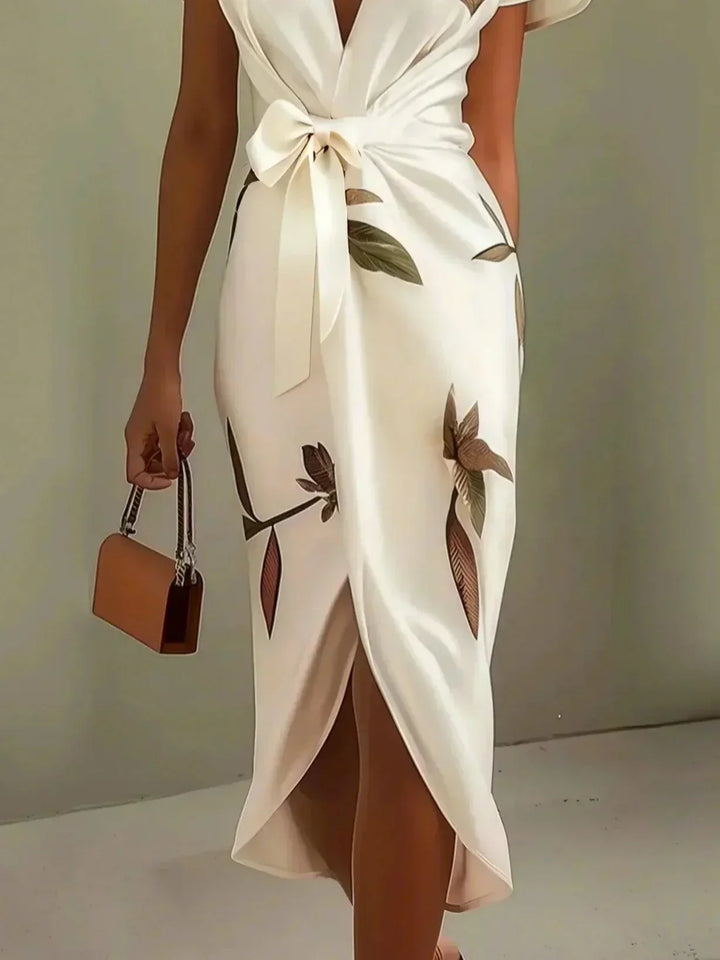 Comodo abito midi floreale estivo da donna con maniche a volant e scollo incrociato, ideale per ogni occasione.