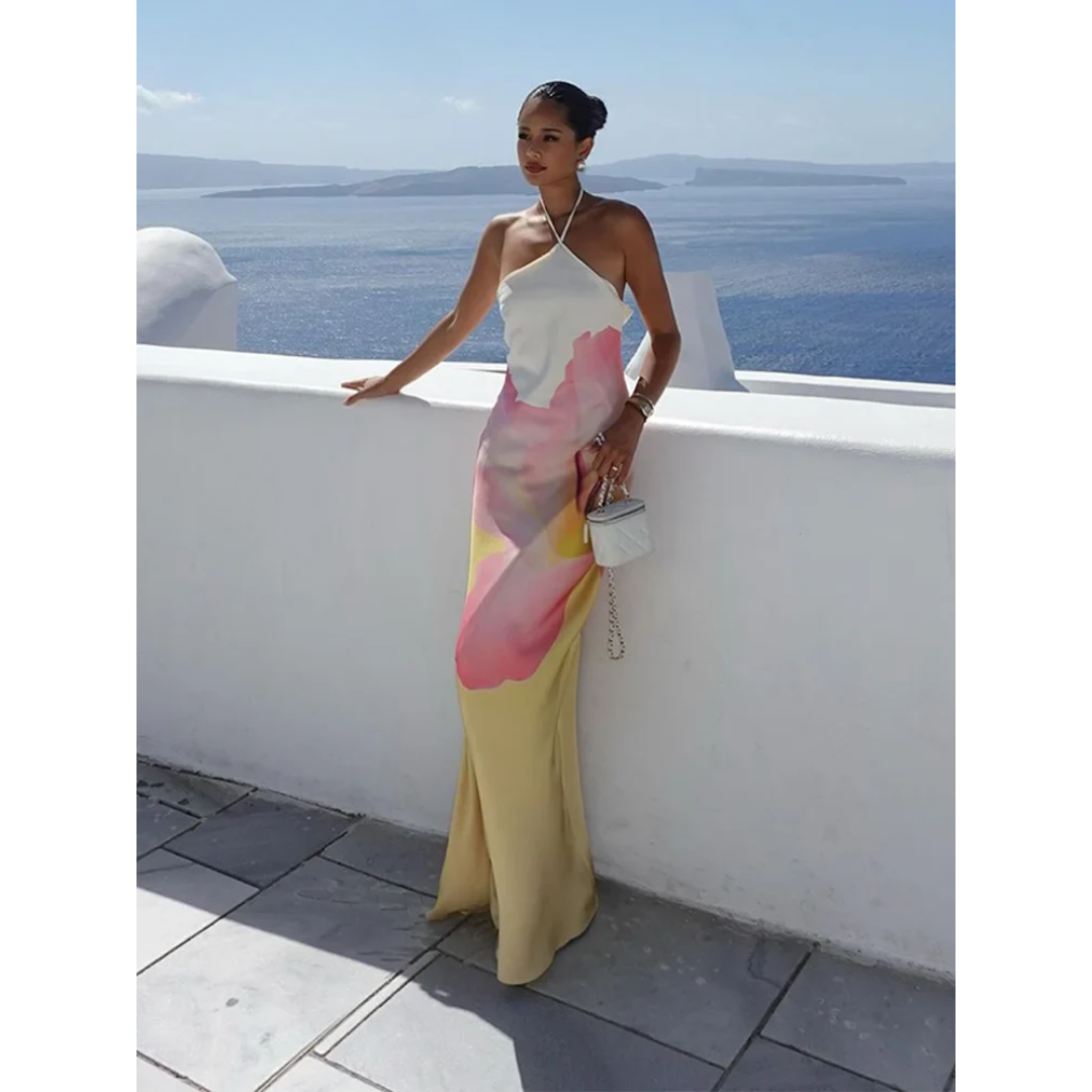 Abito donna elegante maxi monospalla con stampa esclusiva, ideale per cerimonie e serate importanti.