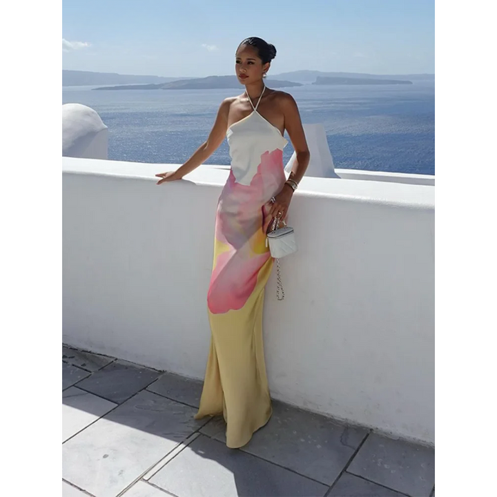 Abito donna elegante maxi monospalla con stampa esclusiva, ideale per cerimonie e serate importanti.