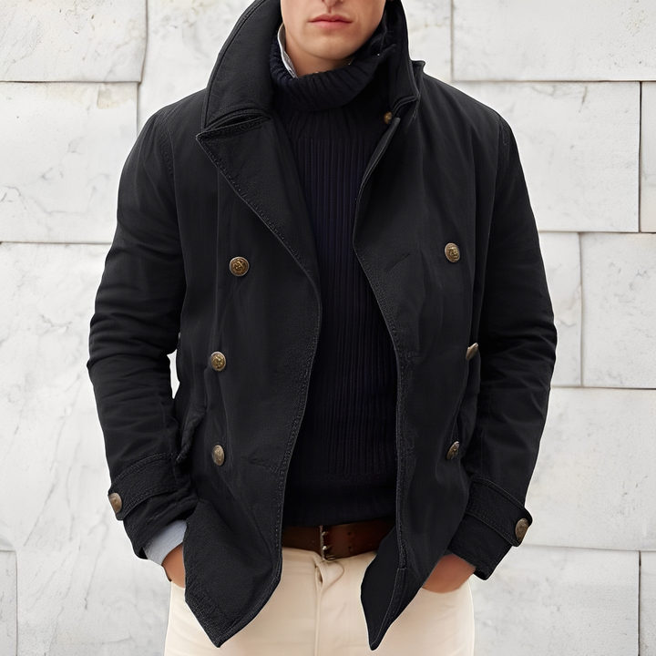 Giacca invernale uomo doppiopetto stile vintage, cappotto elegante antivento per abbigliamento maschile.
