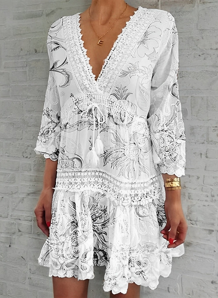 Abito floreale da donna con scollo a V, mini abito versatile per un look estivo elegante o casual chic.