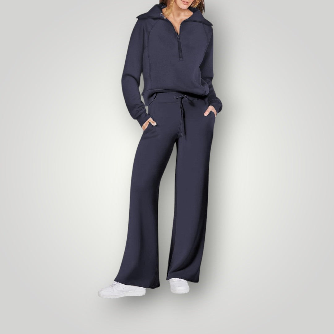 Donna che indossa completo due pezzi loungewear per un look rilassato e alla moda. Set comodo casual.