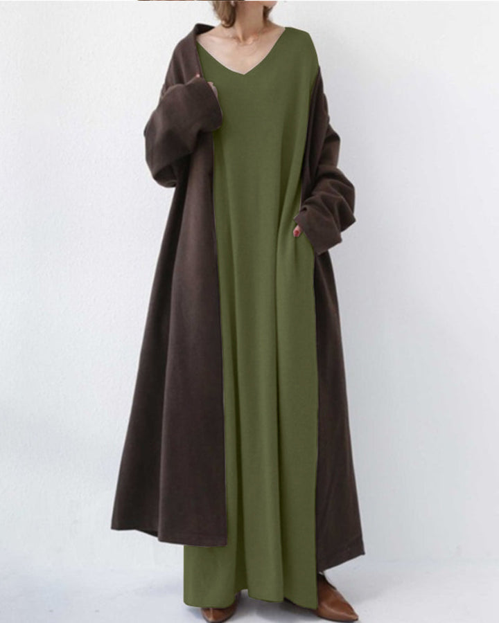 Maxi abito lungo grigio da donna in cotone. Vestito casual a maniche lunghe, versatile e comodo.