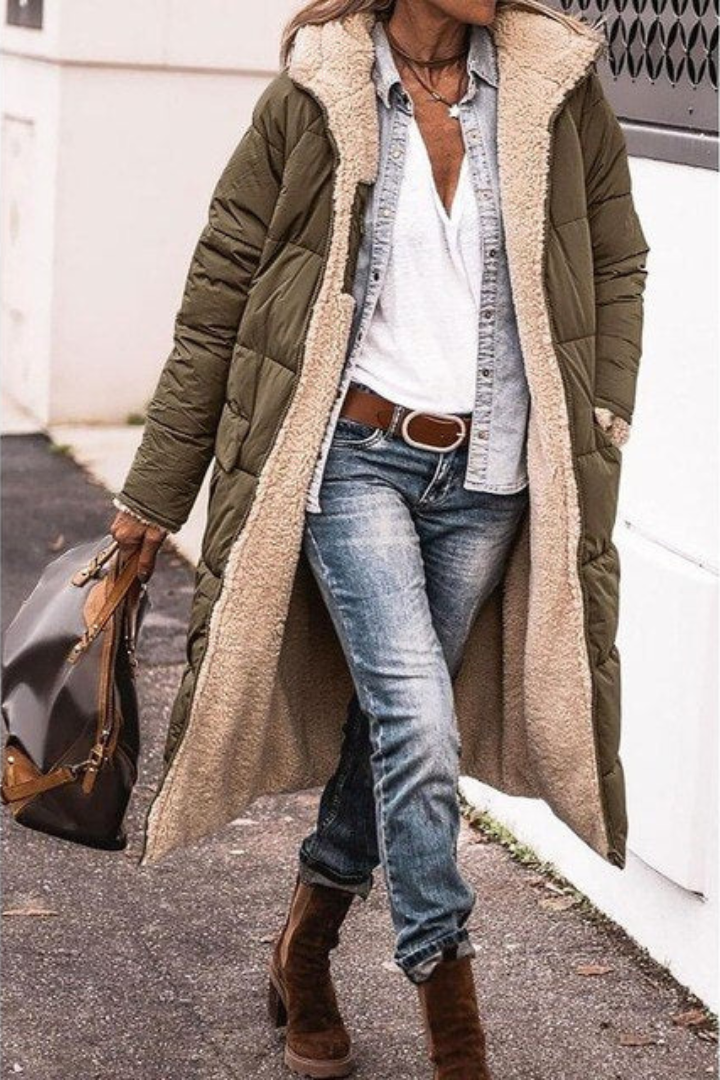 Cappotto donna reversibile per autunno/inverno, elegante e lungo. Giacca outerwear calda e versatile.