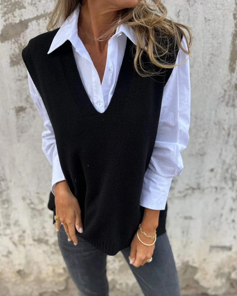 Gilet donna elegante e casual, smanicato con scollo a V. Perfetto per un look alla moda e versatile. Comfort assicurato.