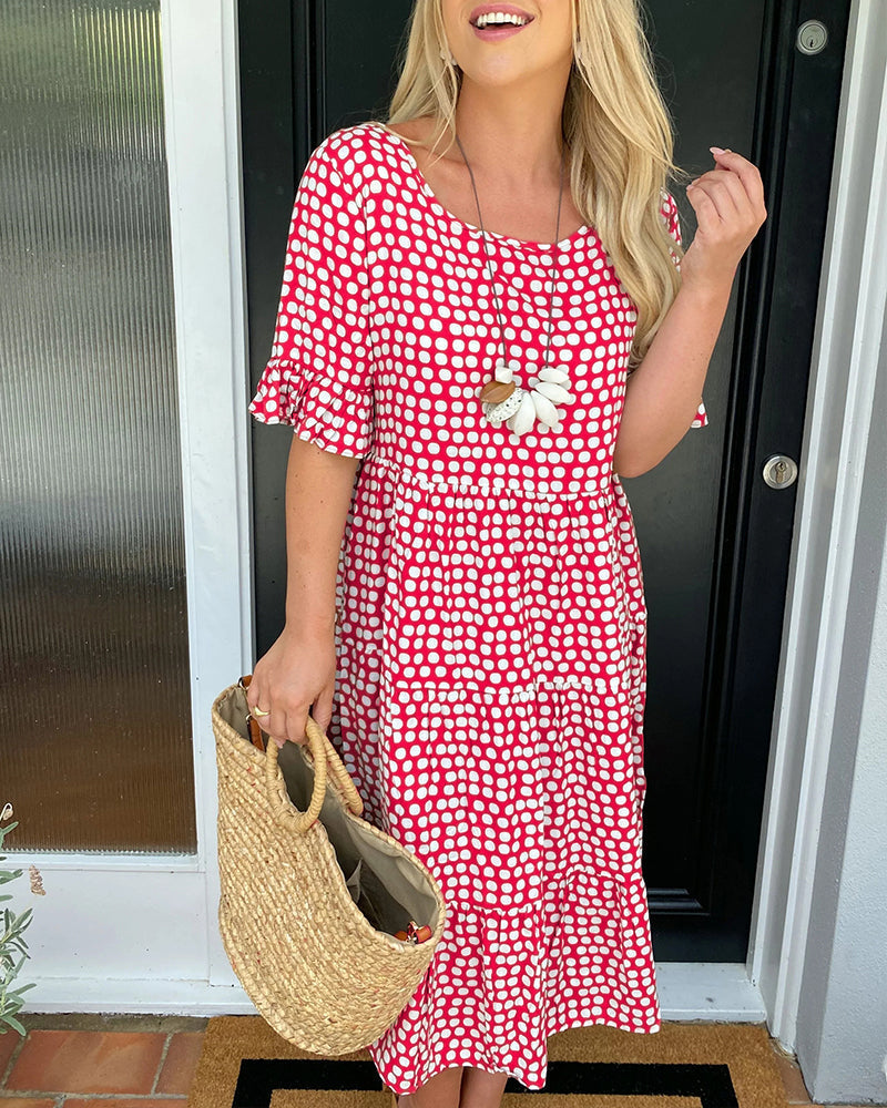 Abito donna a pois, vestito midi con scollo rotondo, ideale per un'estate all'insegna del colore.