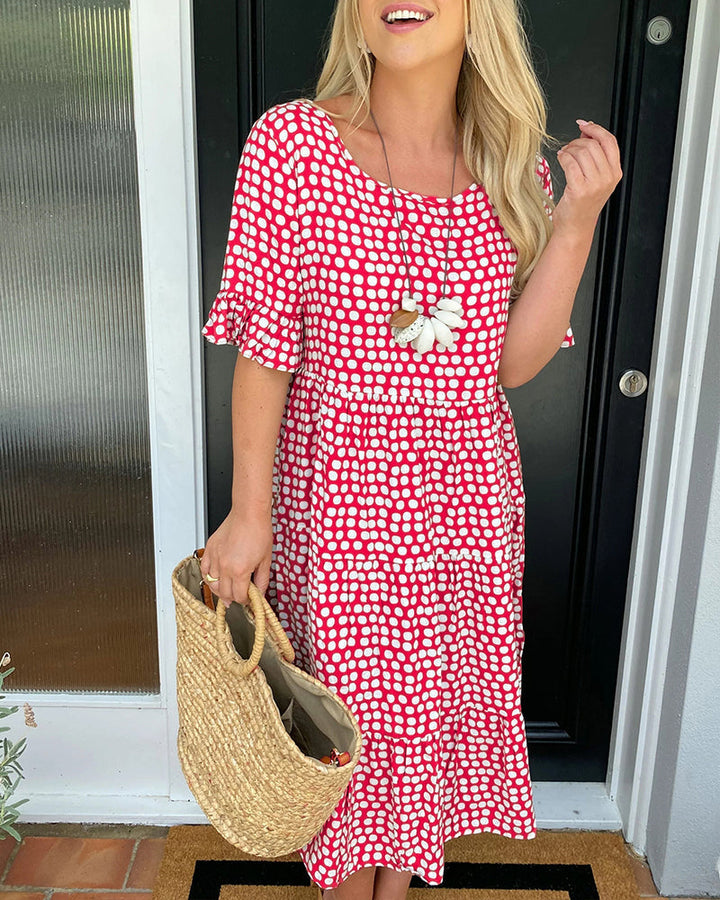 Abito donna a pois, vestito midi con scollo rotondo, ideale per un'estate all'insegna del colore.