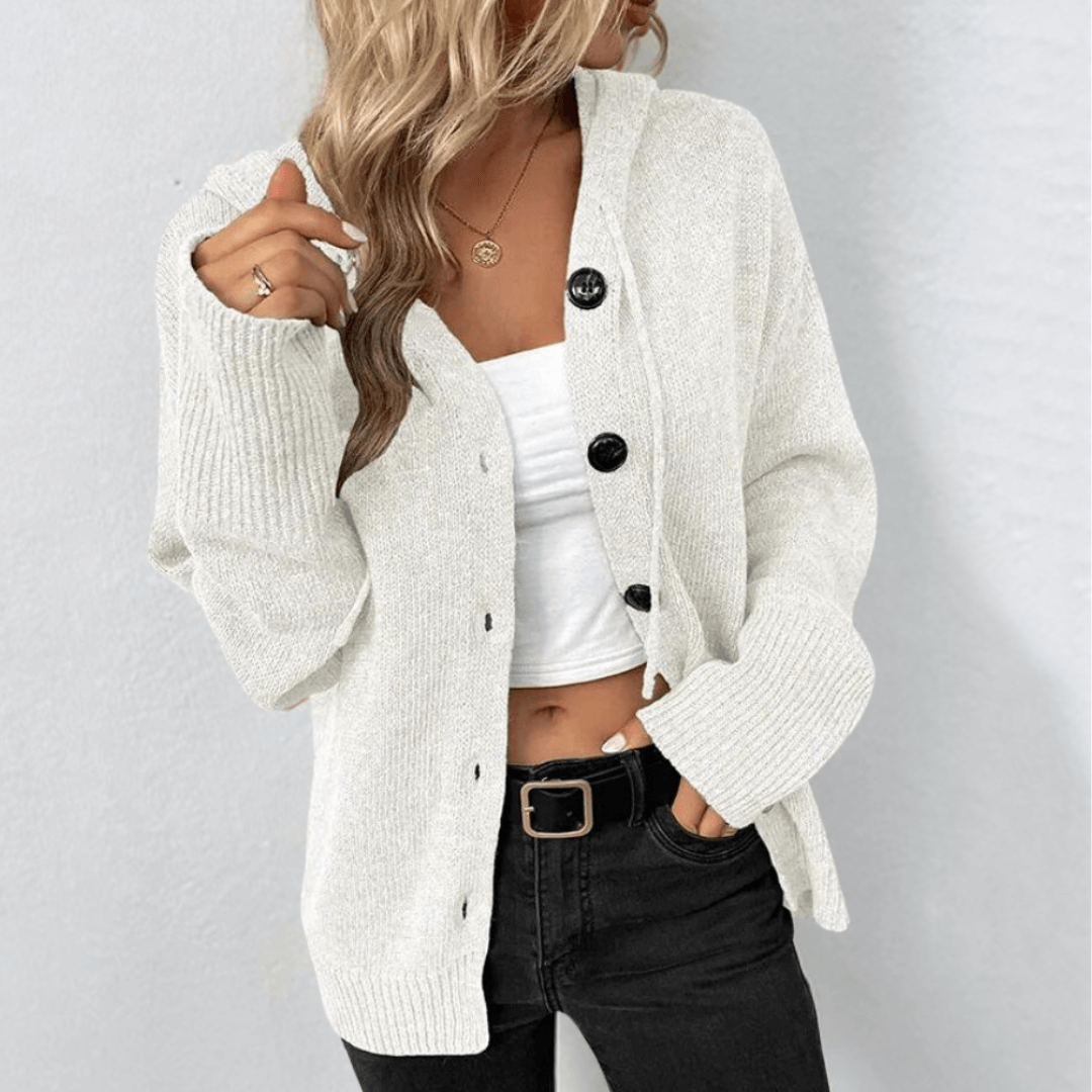 Cardigan donna abbottonato con cappuccio e scollo a V, maniche lunghe per un comfort casual e uno stile moderno.