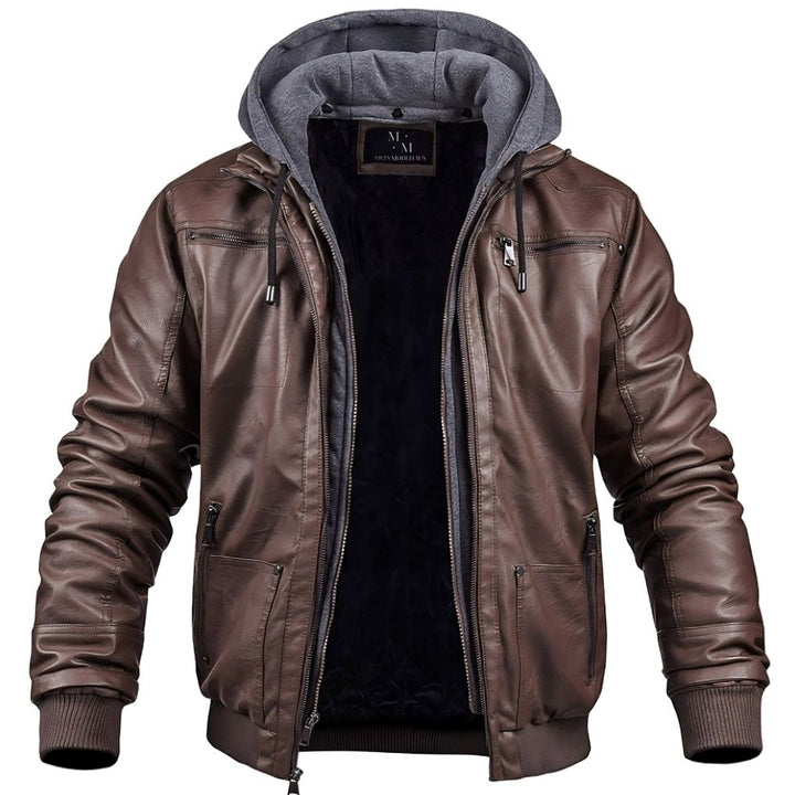Elegante giacca uomo invernale in pelle, con cappuccio e design moderno, ideale per la moda uomo e il comfort.