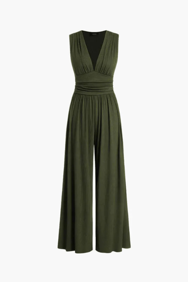 Tuta jumpsuit da donna scollo a V color cachi, design moderno per abbigliamento versatile e comodo.