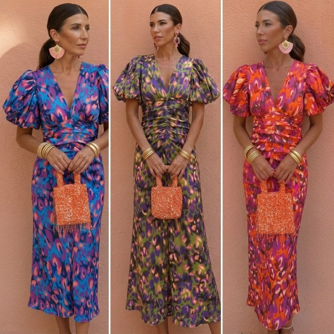 Vestito midi donna per outfit casual elegante, scollo a V e maniche a sbuffo, primavera/estate.