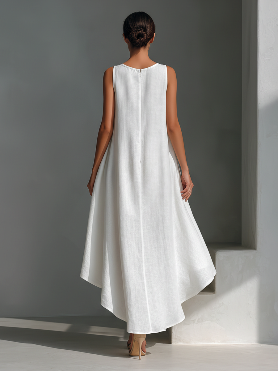 Abito elegante da donna, in lino midi, smanicato, con orlo asimmetrico e caduta fluida, per l'estate.