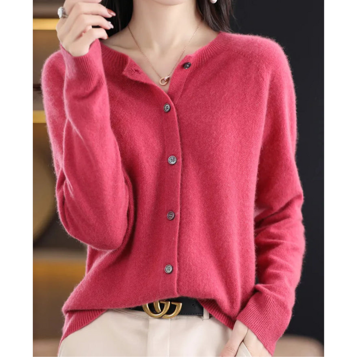 Cardigan donna elegante scollo tondo, perfetto per autunno e inverno. Abbigliamento moda confortevole.