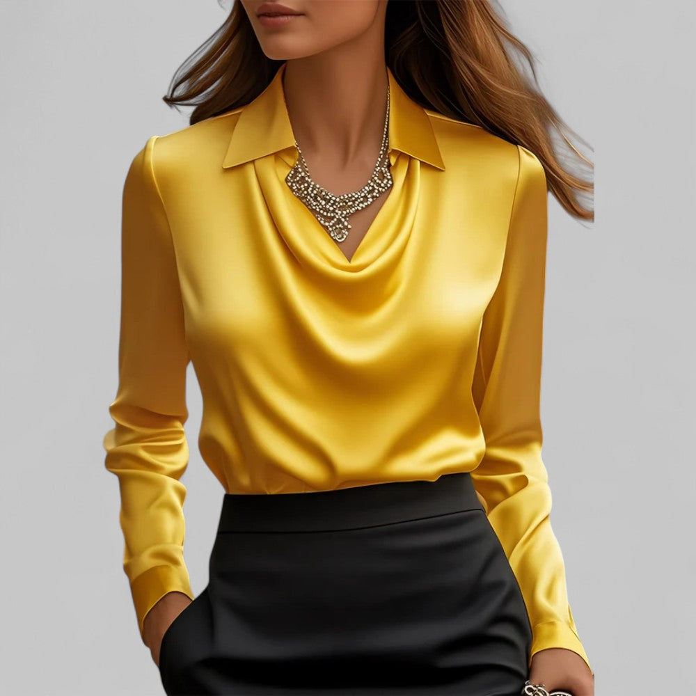 Blusa femminile satinata con collo drappeggiato e maniche lunghe, adatta per ufficio e occasioni speciali.