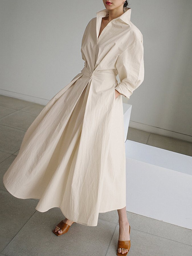 Abito chemisier maxi da donna con colletto e cintura, elegante e versatile per ogni occasione.