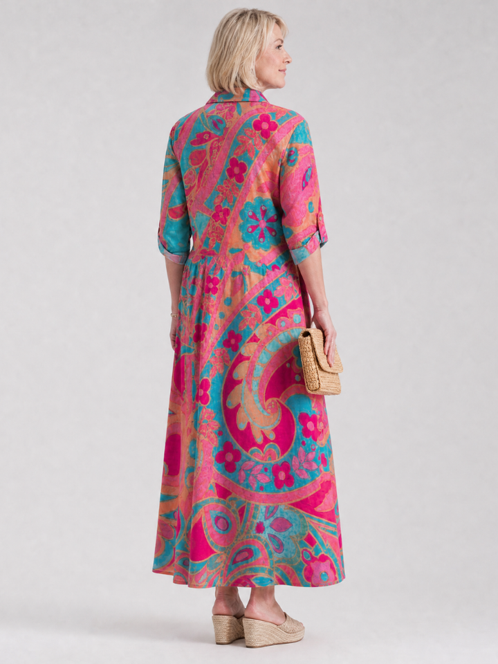 Abito midi stampato da donna con colletto, bottoni. Vestito versatile con stampa multicolore, ideale per look casual chic.