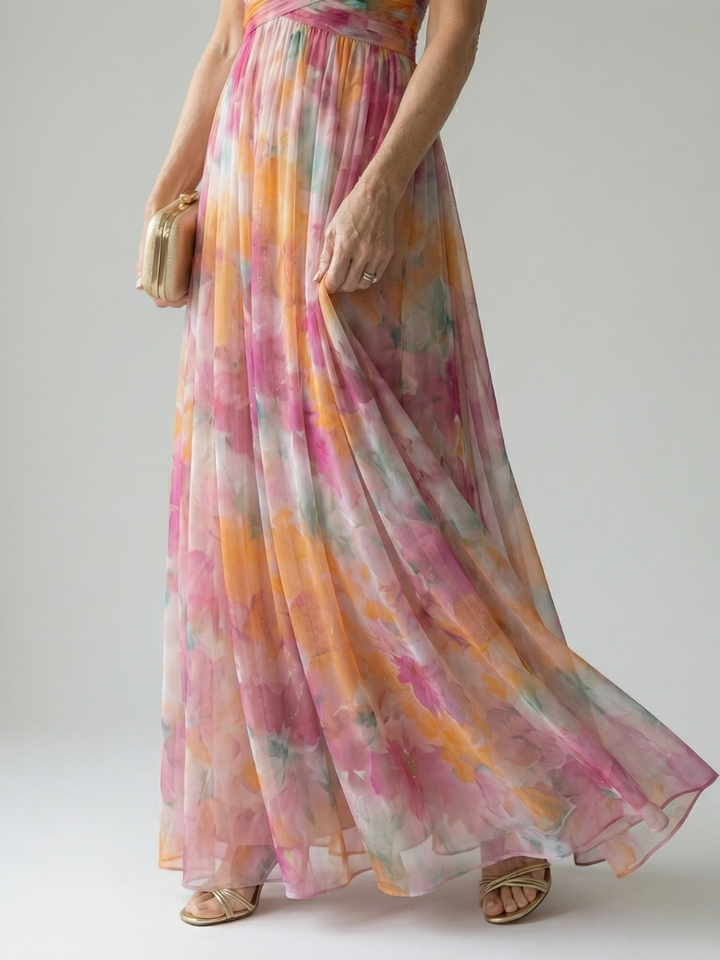 Elegante abito donna maxi, incrociato sul davanti, con silhouette fluida. Perfetto per l'estate.