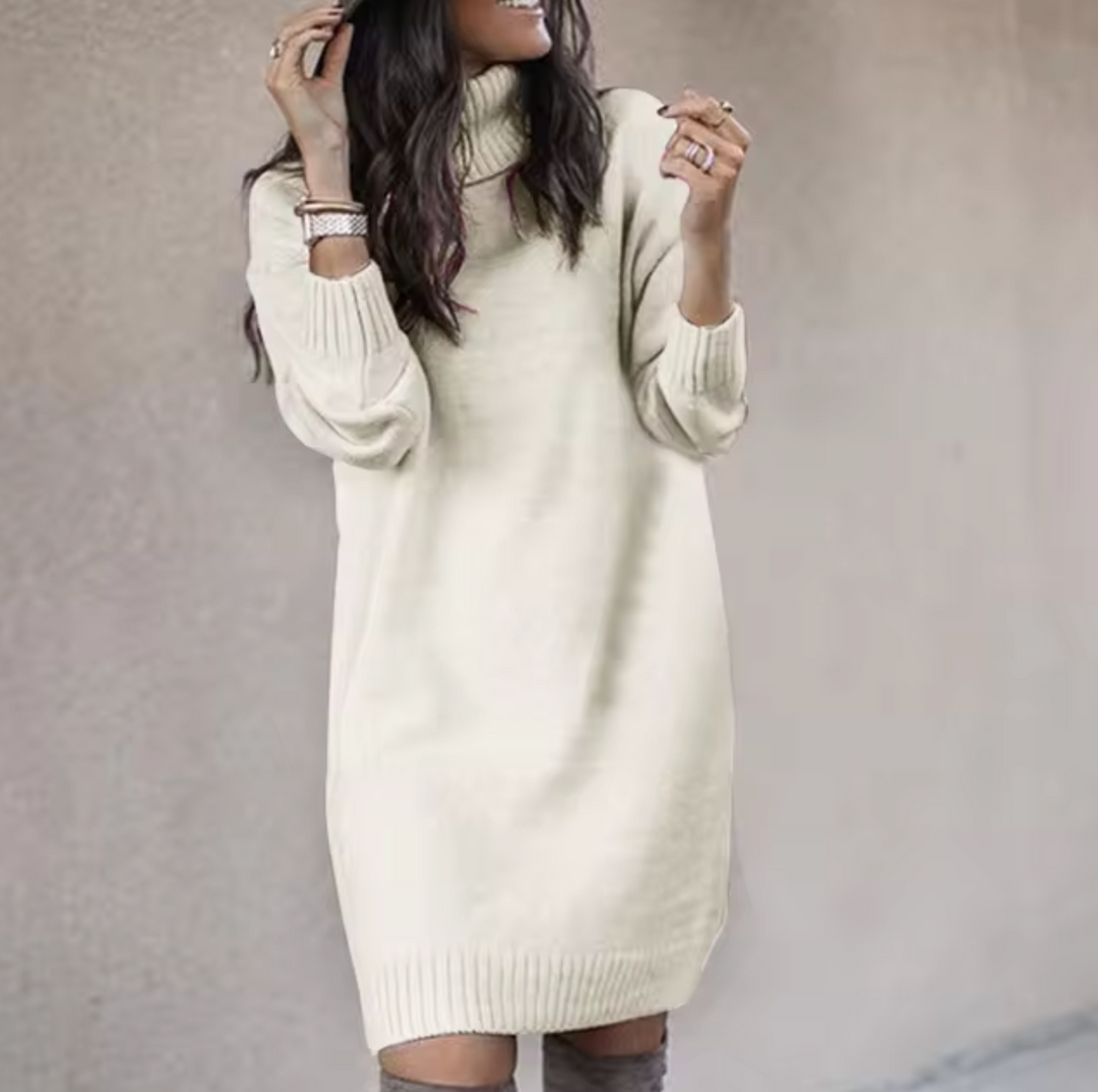 Abito dolcevita donna a maniche lunghe, vestito maglione elegante e caldo per serate o outfit invernali.