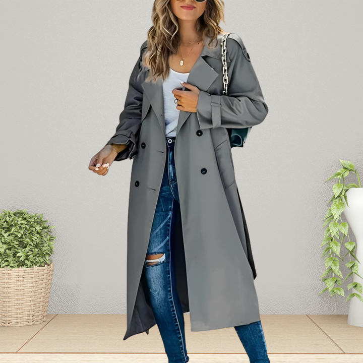 Trench coat da donna in stile elegante e doppiopetto, perfetto per la mezza stagione primavera-autunno, moda urbana.