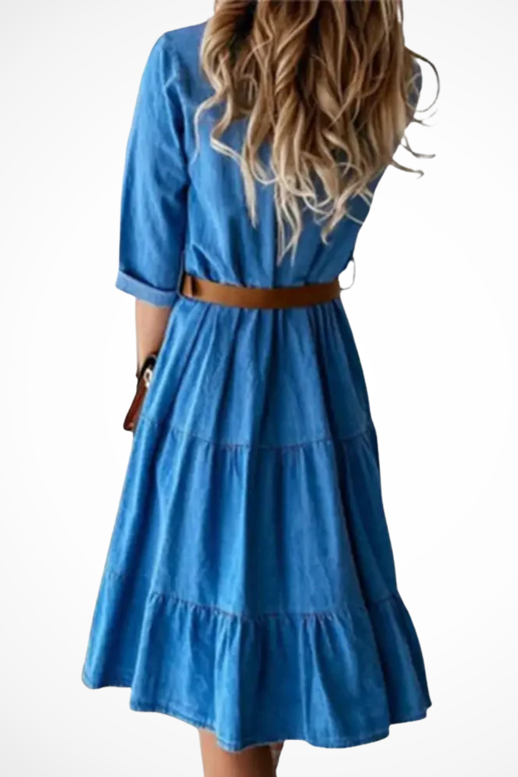 Versatile abito chemisier midi da donna con balze e cintura, ideale per un look chic quotidiano, primavera estate.